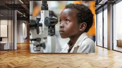 A young boy is looking into an eye doctor's instrument, medical selection of glasses in optics Wall mural