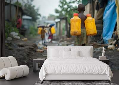 A young girl carrying two bottles of water through a muddy street. Water crisis concept Wall mural