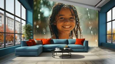 A young girl with long hair is smiling and standing in the rain Wall mural