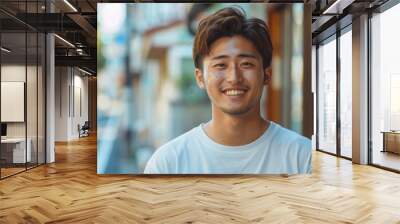 A young man with a white shirt and brown hair is smiling at the camera Wall mural