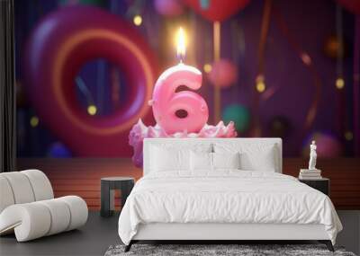 Abstract number 6 six and birthday candle. AI generated, human enhanced Wall mural