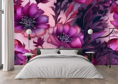 Abstract watercolor floral pattern in combination of pink and purple colors, background. Magenta shades. AI generated Wall mural