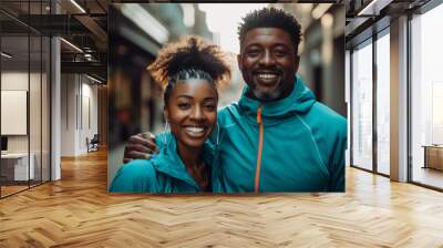 African American man jogging. Morning running and a healthy lifestyle. Portrait with selective focus Wall mural