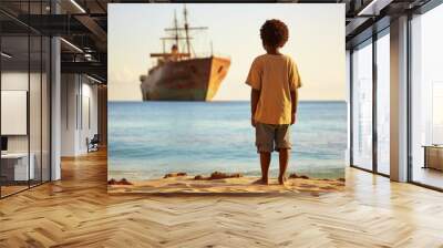 African child is waiting for a ship with grain. Grain deal concept. Hunger and food security of the world. Wall mural