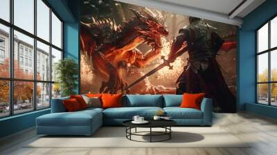 An epic battle between a knight and a dragon. AI generated, human enhanced Wall mural