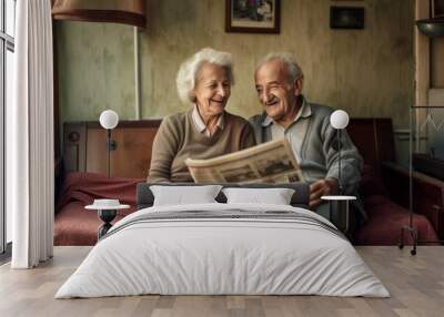 An older family, a couple of pensioners are reading a newspaper. AI generated, human enhanced Wall mural