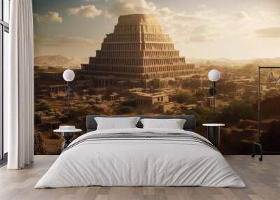 Ancient city of Babylon with the tower of Babel, bible and religion. AI generated, human enhanced Wall mural