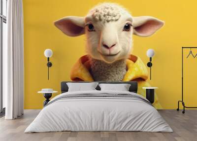 Anthropomorphic baby sheep dressed in human clothing. Humanized animal concept. AI generated, human enhanced Wall mural