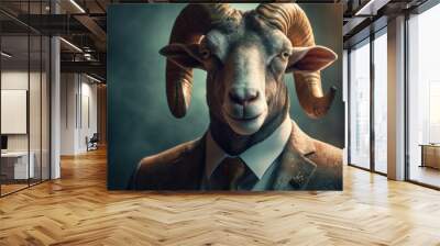 Anthropomorphic ram dressed in a suit like a businessman. Business Concept. AI generated, human enhanced Wall mural