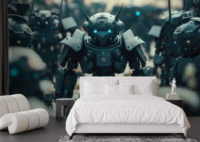 Army of metal cyborg robots, selective focus. AI generated, human enhanced. Wall mural