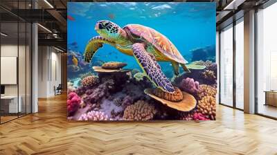 Beautiful turtle under sea water. AI generated, human enhanced. Wall mural