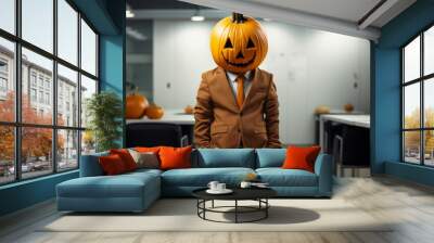 Businessman in a suit with a pumpkin in place of his head. Halloween concept. Background with selective focus and copy space Wall mural