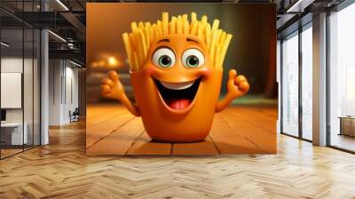 Cartoon character French fries. Illustration or drawing with selective focus and copy space Wall mural