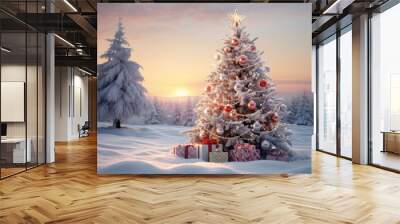 Celebrating winter's beauty with a decorated Christmas tree in snowy landscape. Merry christmas, happy new year concept Wall mural