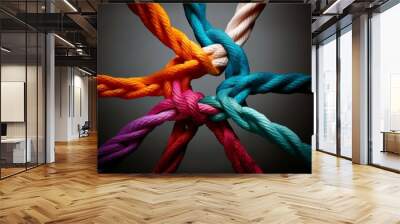 Different ropes are woven into a knot. Teamwork concept. Background with selective focus and copy space Wall mural