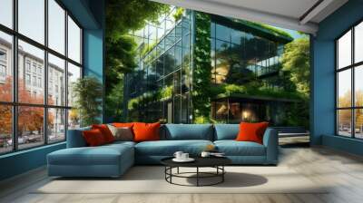 Eco-friendly glass business building with natural landscaping. AI generated, human enhanced Wall mural