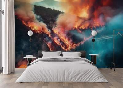 Forest fire in the summer season of the dry period of the year. AI generated, human enhanced Wall mural