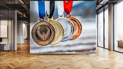 Four medals are hanging on a wooden surface Wall mural