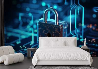 Futuristic background with a padlock as a symbol of internet security and personal data protection. AI generated Wall mural