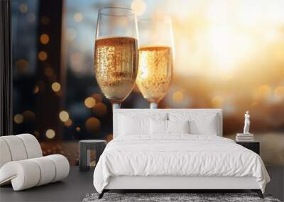 Glasses of champagne or sparkling wine in a festive atmosphere. Merry christmas and happy new year concept Wall mural