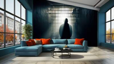 Hacker in prison cell. Selective focus. AI generated, human enhanced Wall mural