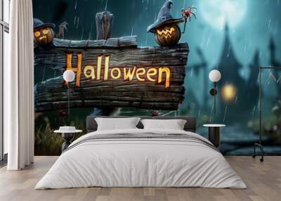 Halloween sign with two pumpkins and a scary house Wall mural