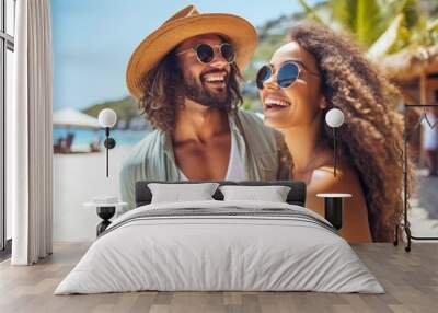 Happy couple of lovers on vacation at the resort. Travel concept. AI generated, human enhanced Wall mural