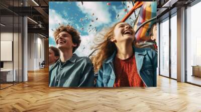 Happy teenagers on vacation. Background with selective focus. AI generated, human enhanced Wall mural