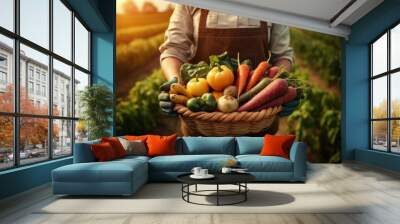 harvesting, farmer holds basket of harvested vegetables against the background of farm. AI generated, human enhanced Wall mural