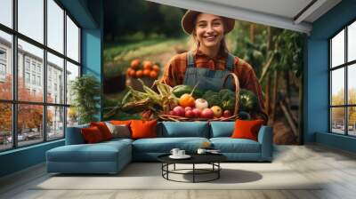 Harvesting, female farmer holds a basket against the background of a farm. AI generated, human enhanced. Wall mural