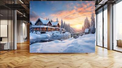 House in snow for winter holidays. Merry christmas and happy new year concept. Background Wall mural