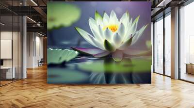 lotus white light purple floating light sparkle background with copy space for text. AI generated Wall mural