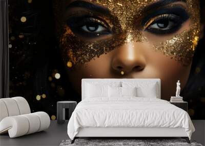 Model with gold glitter on her face. Creative portrait with selective focus and copy space Wall mural