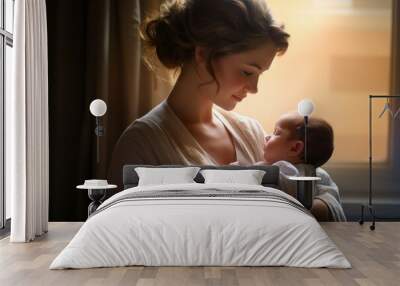 Mother with baby. Portrait with selective focus and copy space Wall mural