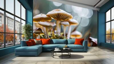 Mushrooms in the forest. Background with selective focus and copy space Wall mural