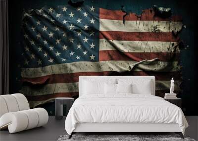 Old tattered american flag. Grunge background. AI generated Wall mural