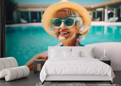 Old woman on holiday. Background with selective focus. AI generated, human enhanced Wall mural