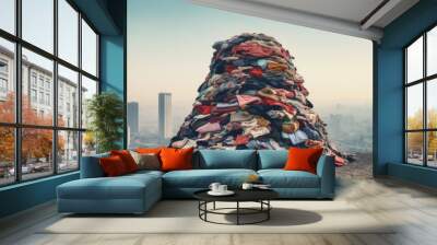 Pile of textile and clothing waste. The concept of climate change as consequence of excessive consumption. AI generated Wall mural