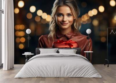 Portrait of a beautiful woman with a gift, selective focus Wall mural