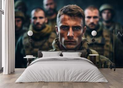 Portrait of a European army soldier in the ranks with selective focus. AI generated, human enhanced Wall mural