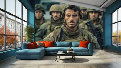 Portrait of a European army soldier in the ranks with selective focus. AI generated, human enhanced Wall mural