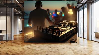 Professional sound system dj console on foreground and blurred crowd of happy dancing people on background. AI generated Wall mural