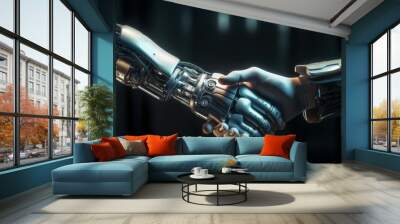 Robots shake hands. Handshake deal symbol. Business concept of the future. AI generated, human enhanced Wall mural