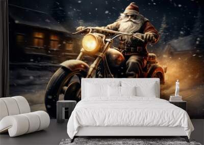 Santa Claus riding a motorcycle. Merry christmas and happy new year concept Wall mural