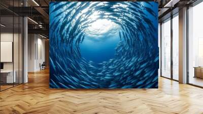 School of fish swimming under water of sea. School sardinella fish swims in underwater. AI generated, human enhanced Wall mural