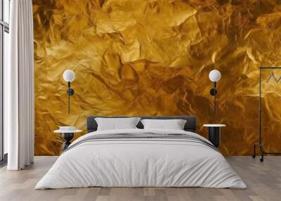 Seamless gold leaf background texture. Shiny golden yellow crumpled metallic foil pattern. AI generated, human enhanced Wall mural