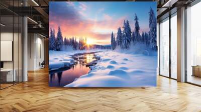 Stunning beauty of winter nature with snow during the holiday season. Merry christmas and happy new year concept Wall mural