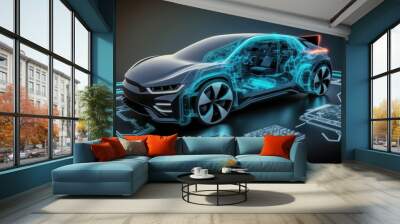 The concept of a modern electric car with autopilot. AI generated, human enhanced Wall mural