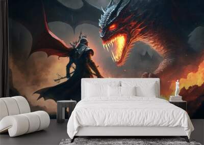 The epic scene of the battle of a knight with a dragon. Fairy tale atmosphere. AI generated Wall mural