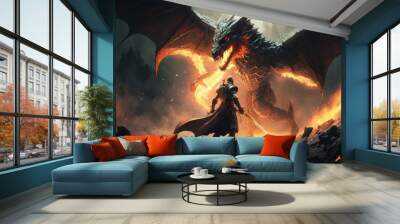 The epic scene of the battle of a knight with a dragon. Fairy tale atmosphere. AI generated Wall mural